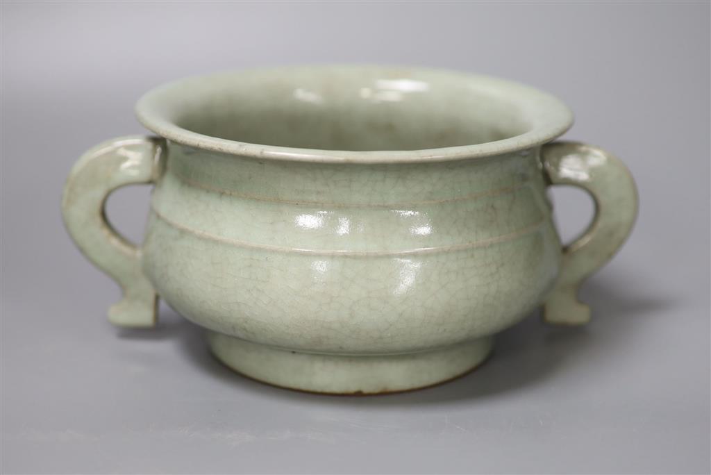 A Chinese Guan type crackleware censer, 22cm diameter including handles